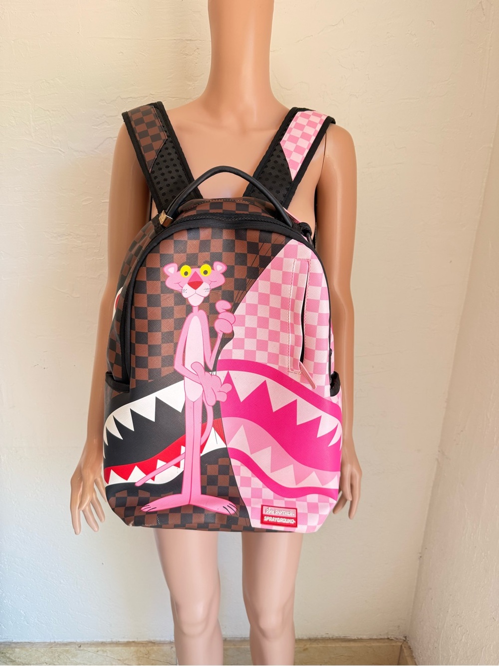 Spray Ground Pink Panther Brown/Pink Checkerboard Pink Backpack Bag Iconic Shark